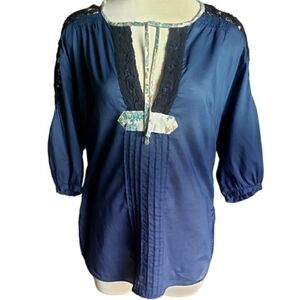 Free People Top Blue Womens XS Lacy Bohemian Hippie Blouse Flowy Girly Y2K